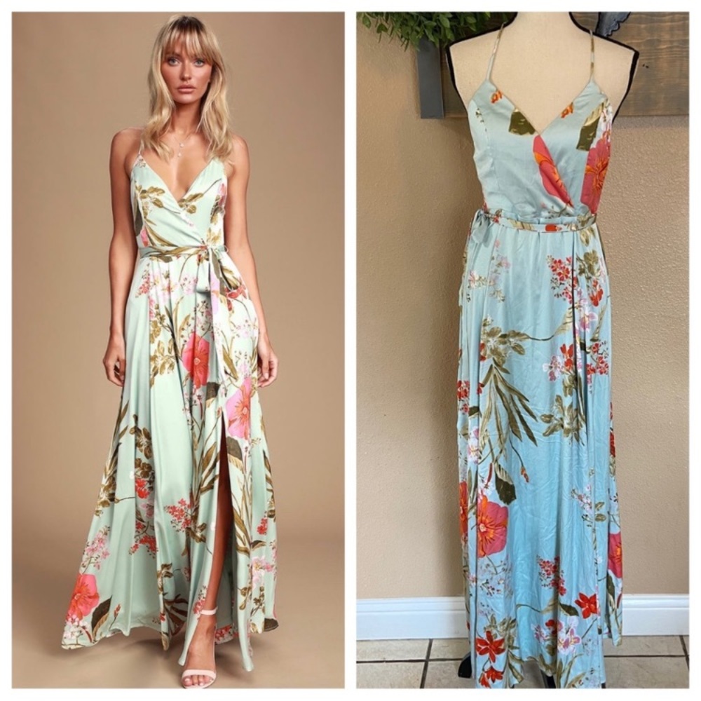 Lulus Still the One Sage Green Floral Print Satin Maxi Dress